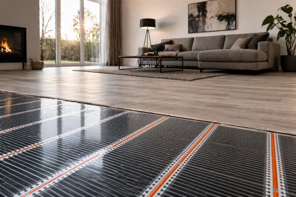 Woonkamer met infrarood vloerverwarming in twee zones